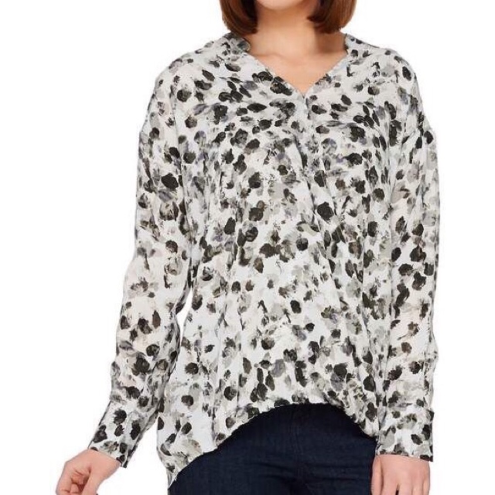 H by Halston Gray Leopard Printed Crossover Blouse